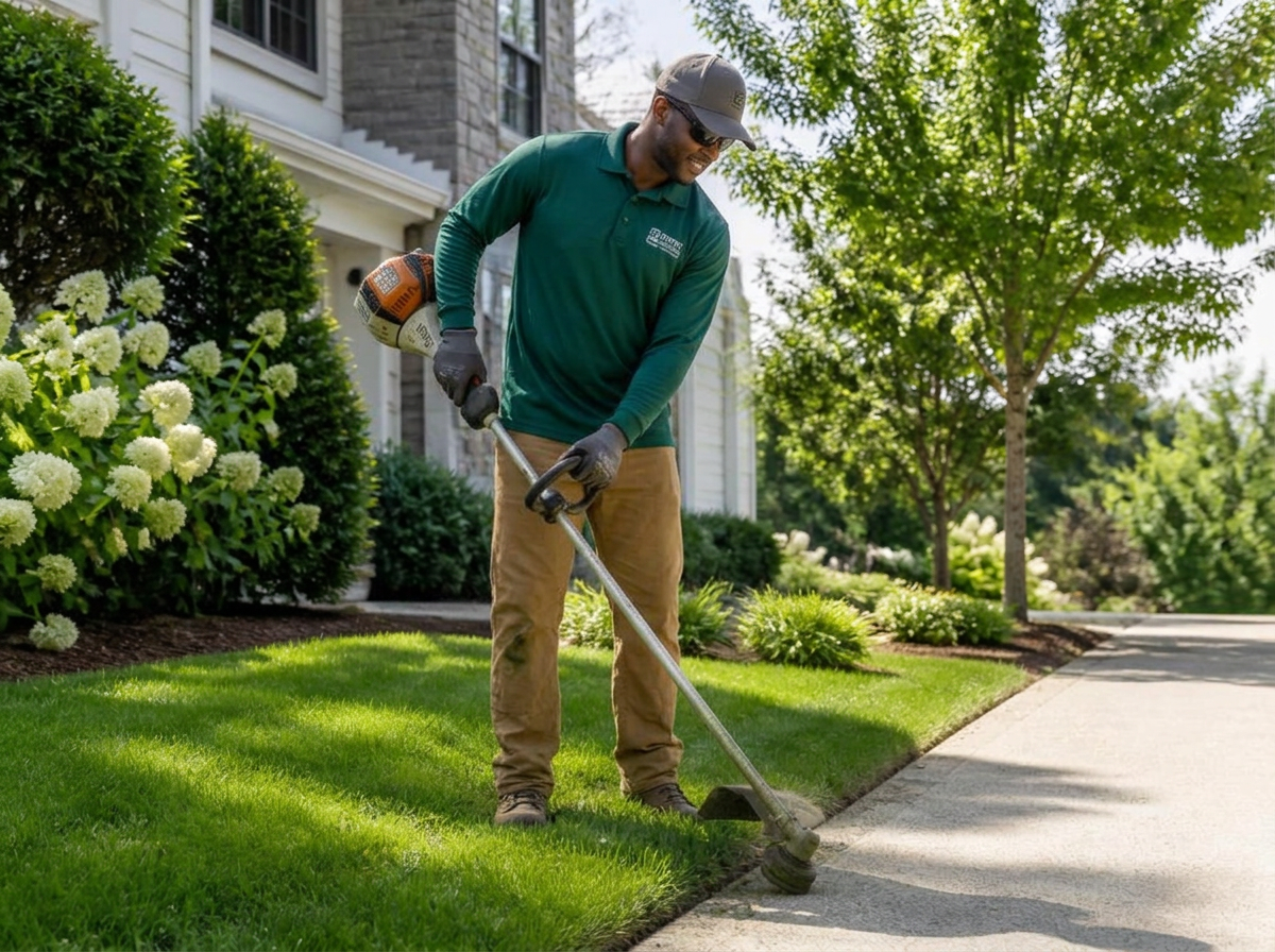 GreenScape crew member edging along a driveway with a string trimmer